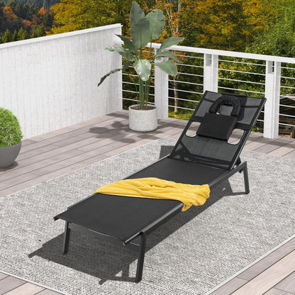 5 Positions Adjustable Chaise Lounge Deck Sunbed with Detachable Head Pillows