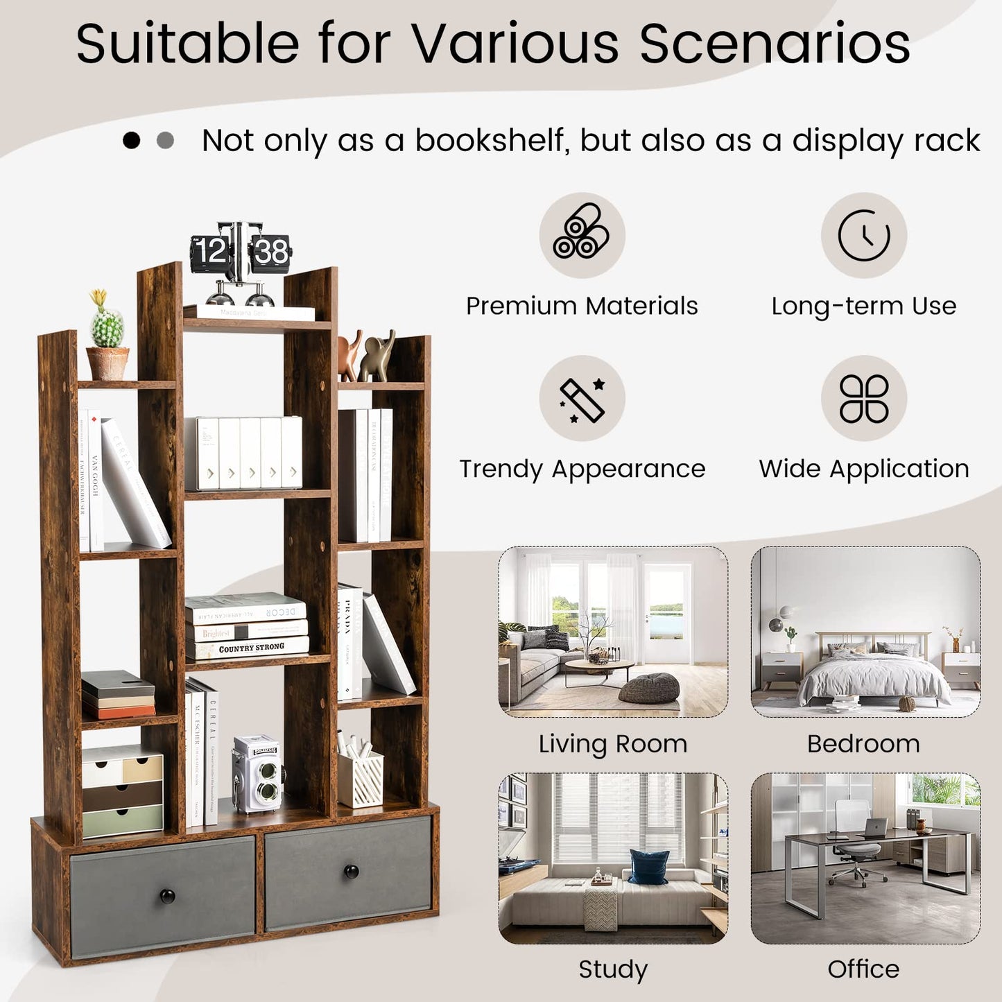 7/12-Tier Wooden Bookshelf with Folding Drawer for Study Living Room