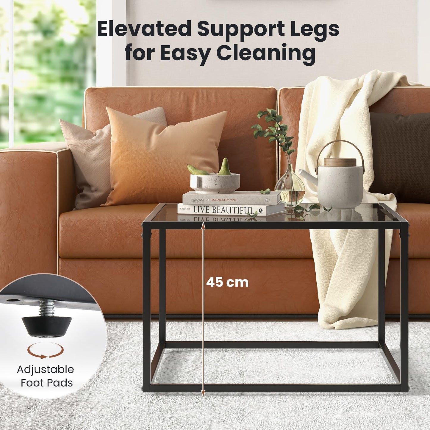 Giantex Square Coffee Table Tempered Glass Sofa Side Table with Adjustable Foot Pads (without Mesh Shelf)
