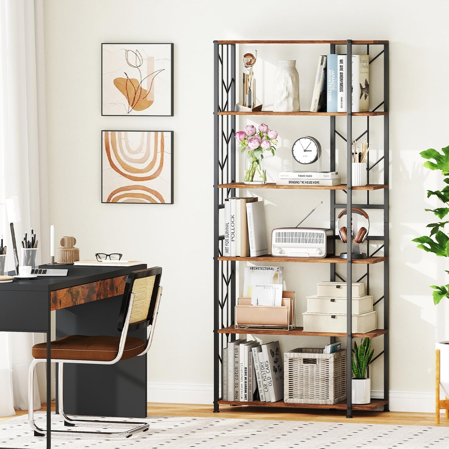 6-Tier Modern Geometric Bookcase with Heavy-duty Metal Frame for Study