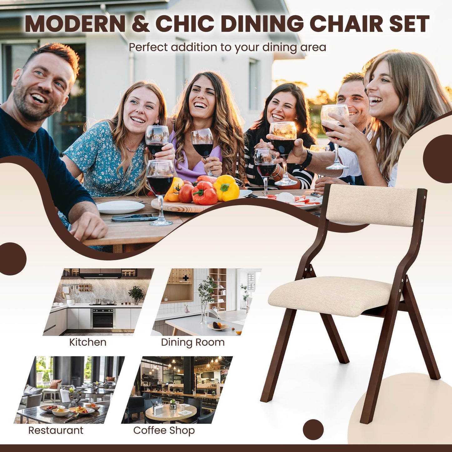 Padded Folding Chair Set of 2, Wooden Counter Dining Chairs with Linen Fabric Seat