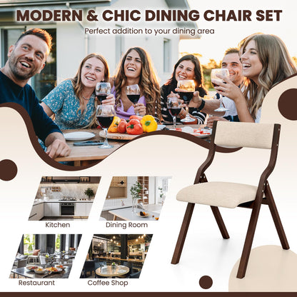 Padded Folding Chair Set of 2, Wooden Counter Dining Chairs with Linen Fabric Seat