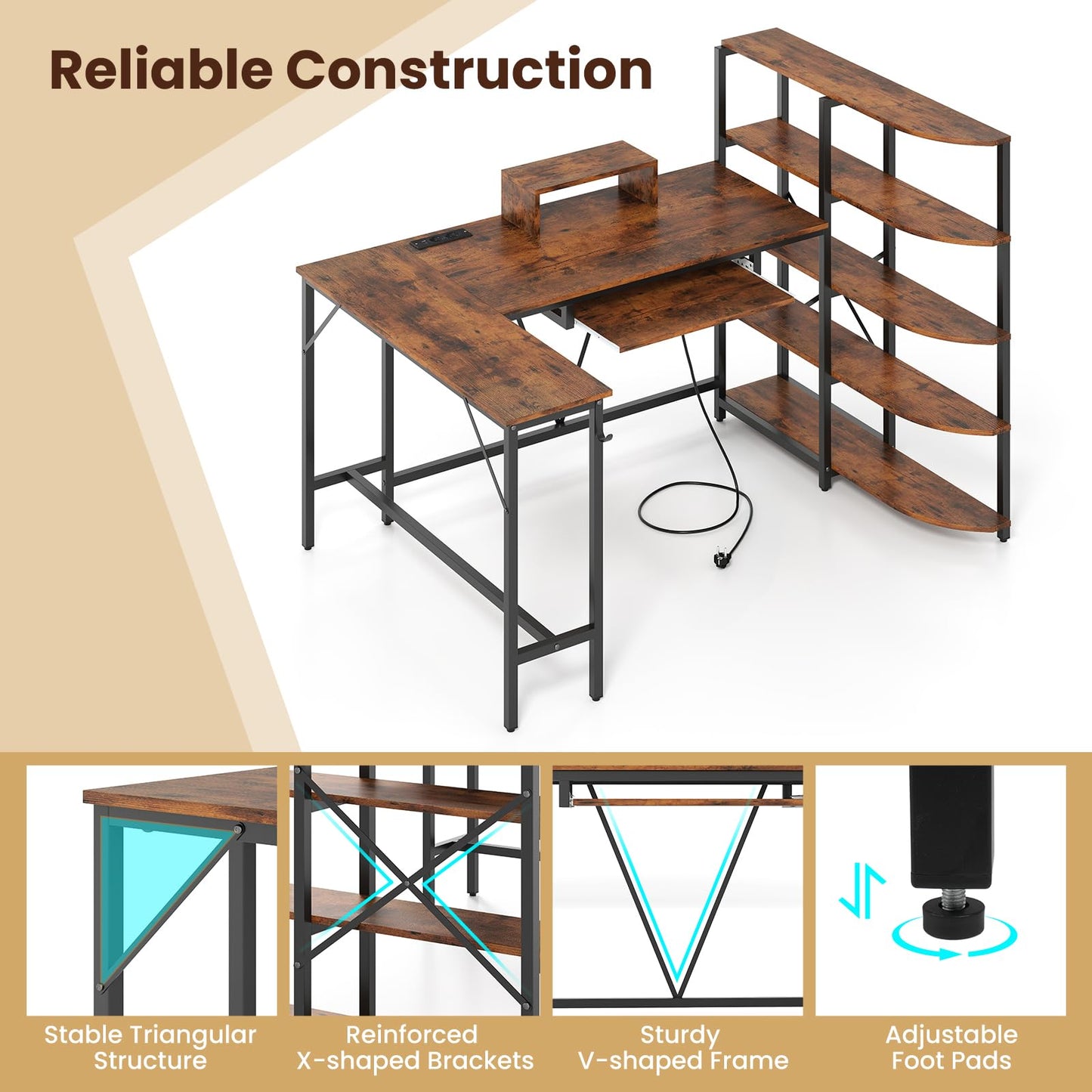 L Shaped Desk with Storage Shelves Corner Computer Desk with Charging Station