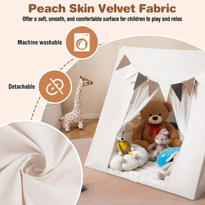 Large Kids Playhouse Tent with Washable Padded Mat and Colorful Flags