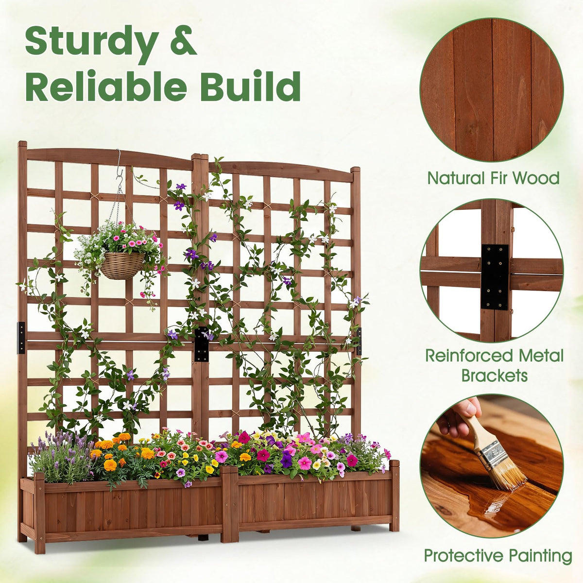 Wooden Garden Planter with Trellis, Raised Garden Bed with 2 Boxes