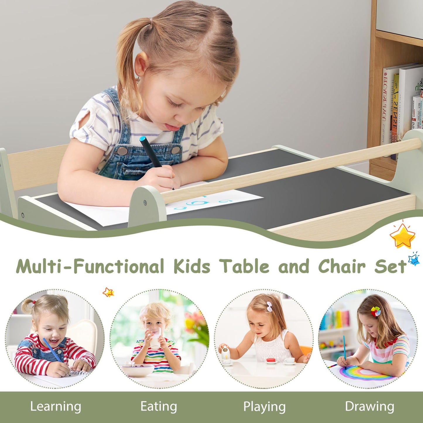 Giantex Kids Table and Chair Set Wooden Children Table with Reversible Blackboard Tabletop