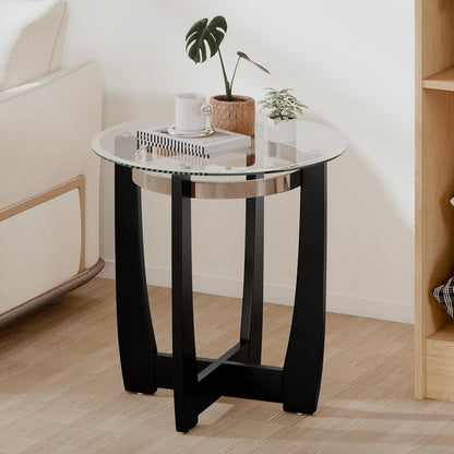 Tempered Glass End Table, Round Sofa Side Table with Rubber Wood Cross Base