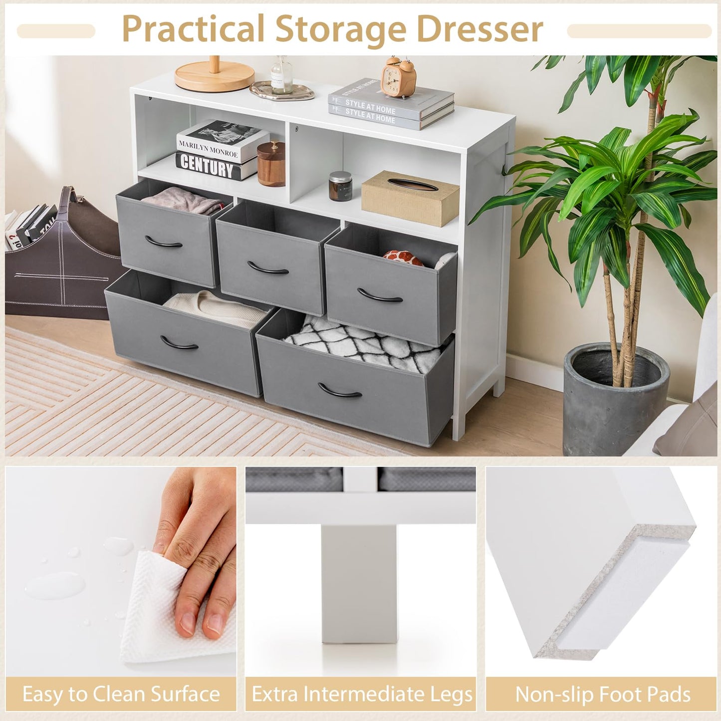 5-Drawer Dresser Fabric Chest of Drawers Cabinet with 5 Support Legs