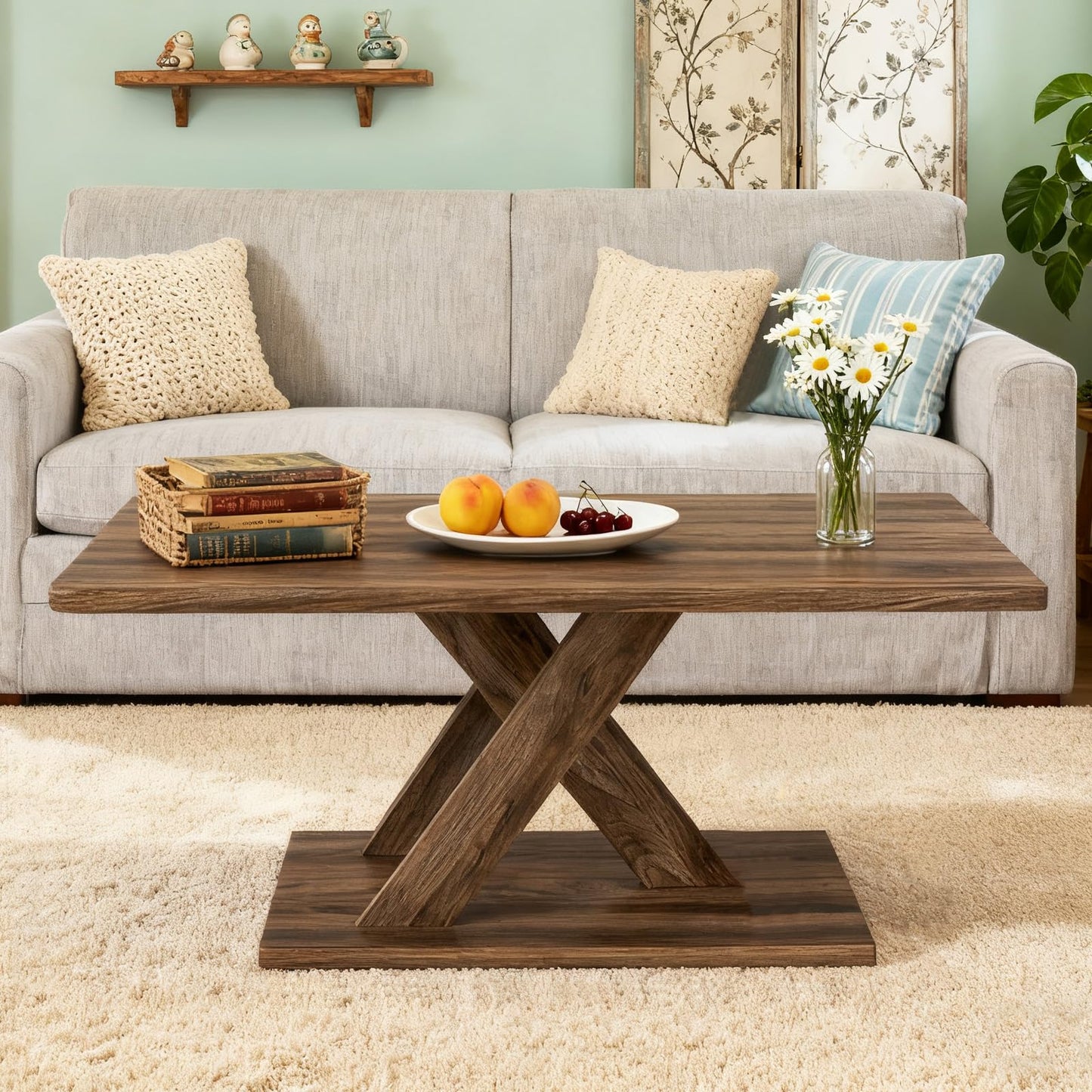 Farmhouse Coffee Table, Rectangle Cocktail Center Table Unit