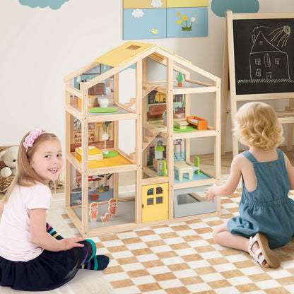 Kids Wooden Dollhouse with 7 Rooms and 18 Pcs Furniture Accessories