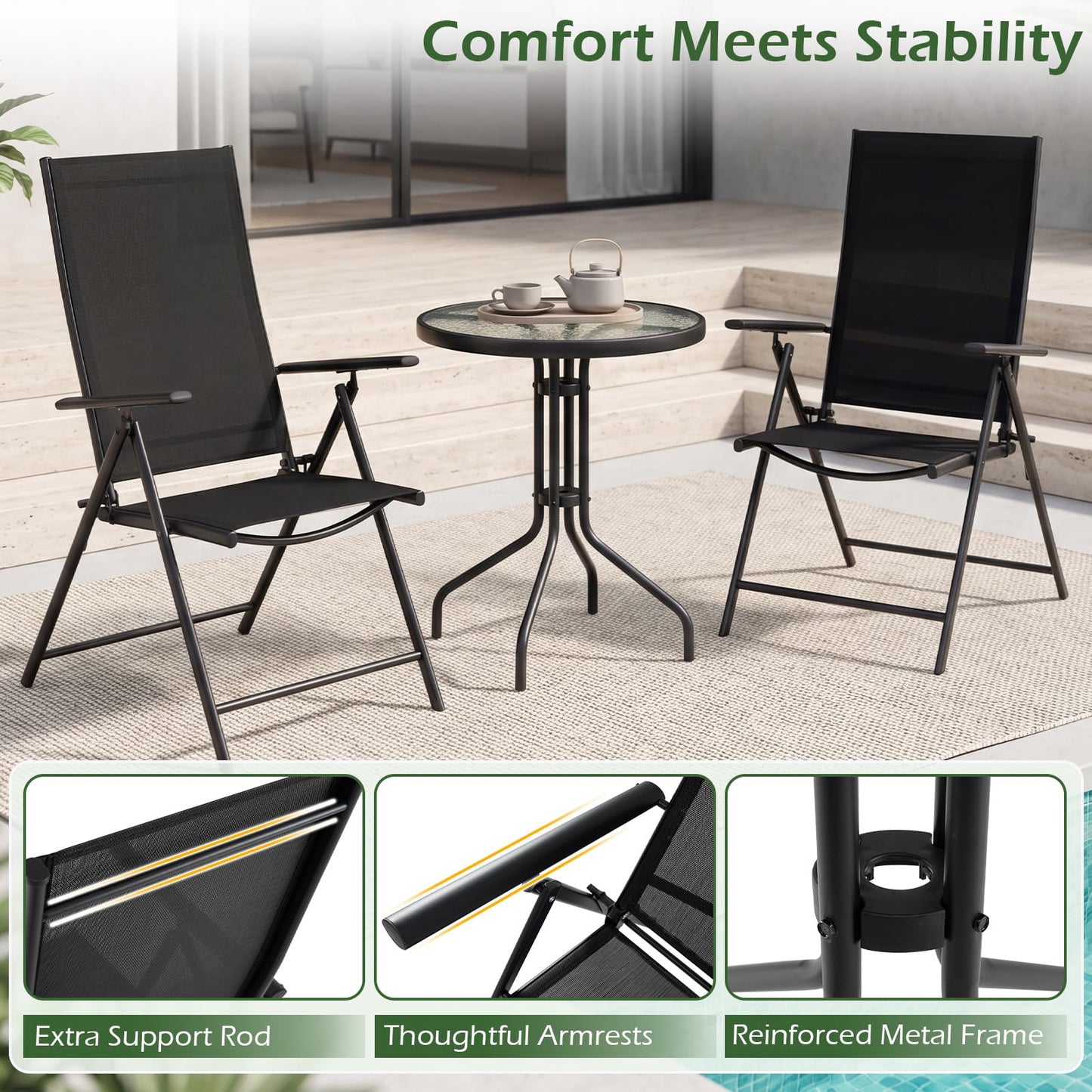 3 Piece Patio Bistro Set with Tempered Glass Coffee Table and Heavy Duty Metal Frame
