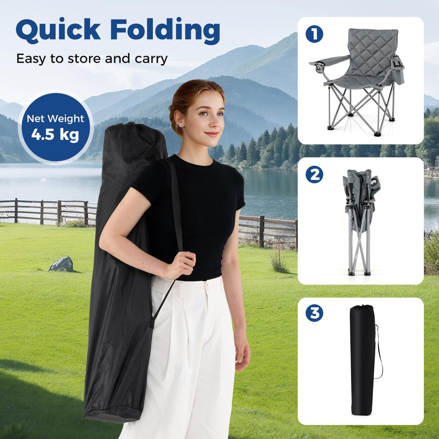227kg Oversized Camping Chair, Heavy Duty Outdoor Folding Chair with Cooler Pouch