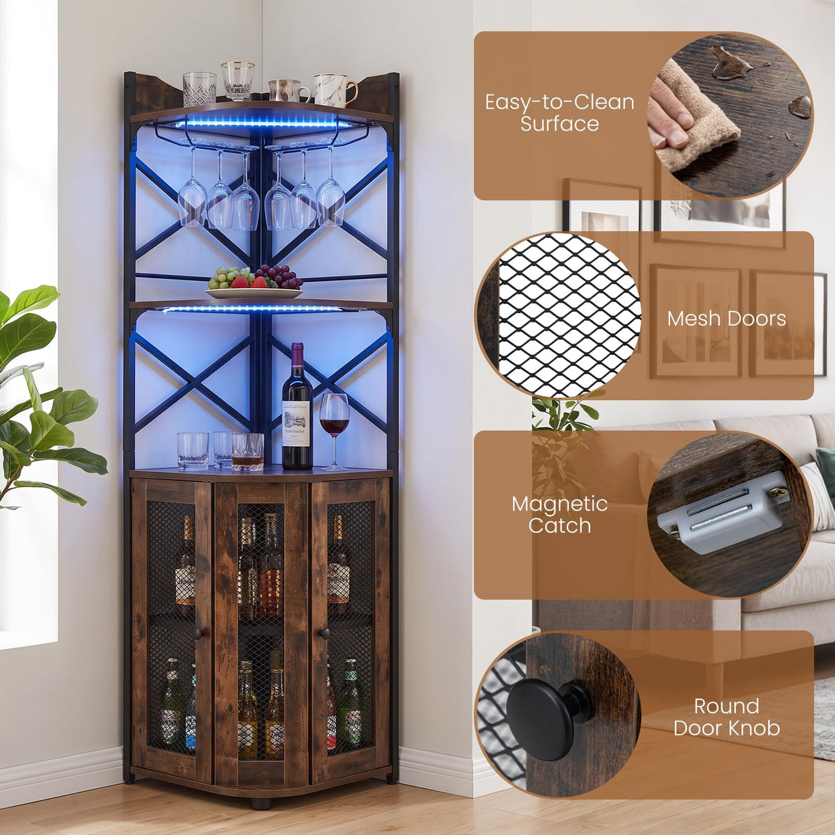 Corner Bar Cabinet with LED Lights Power Outlet and Glass Holder Storage Shelves