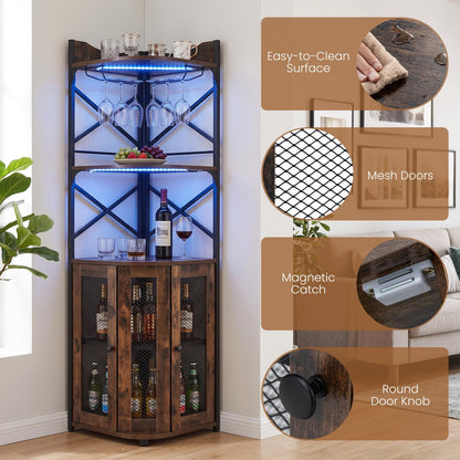 Corner Bar Cabinet with LED Lights Power Outlet and Glass Holder Storage Shelves