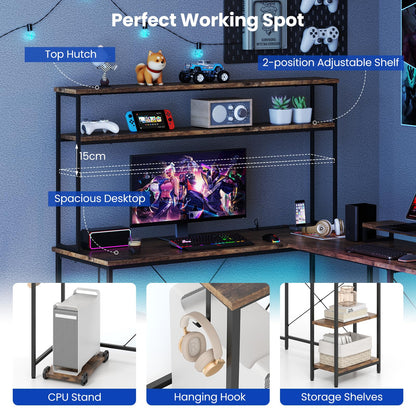 L-Shaped Gaming Desk with LED Strip and Power Outlets