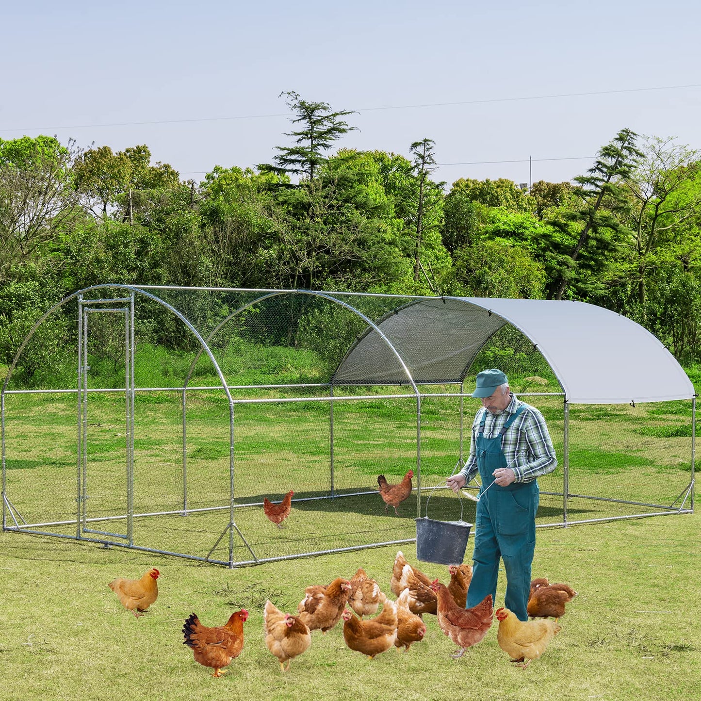 Galvanized Metal Walk-in Hen Run House with Waterproof Cover