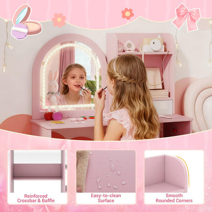 Kids Vanity Table and Chair Set with 3-color Lighted Mirror for 3+ Years Old