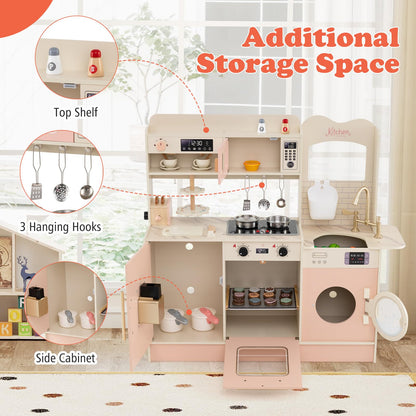 Kids Wooden Kitchen, Pretend Play Kitchen with Light, Sound, Sink & Faucet