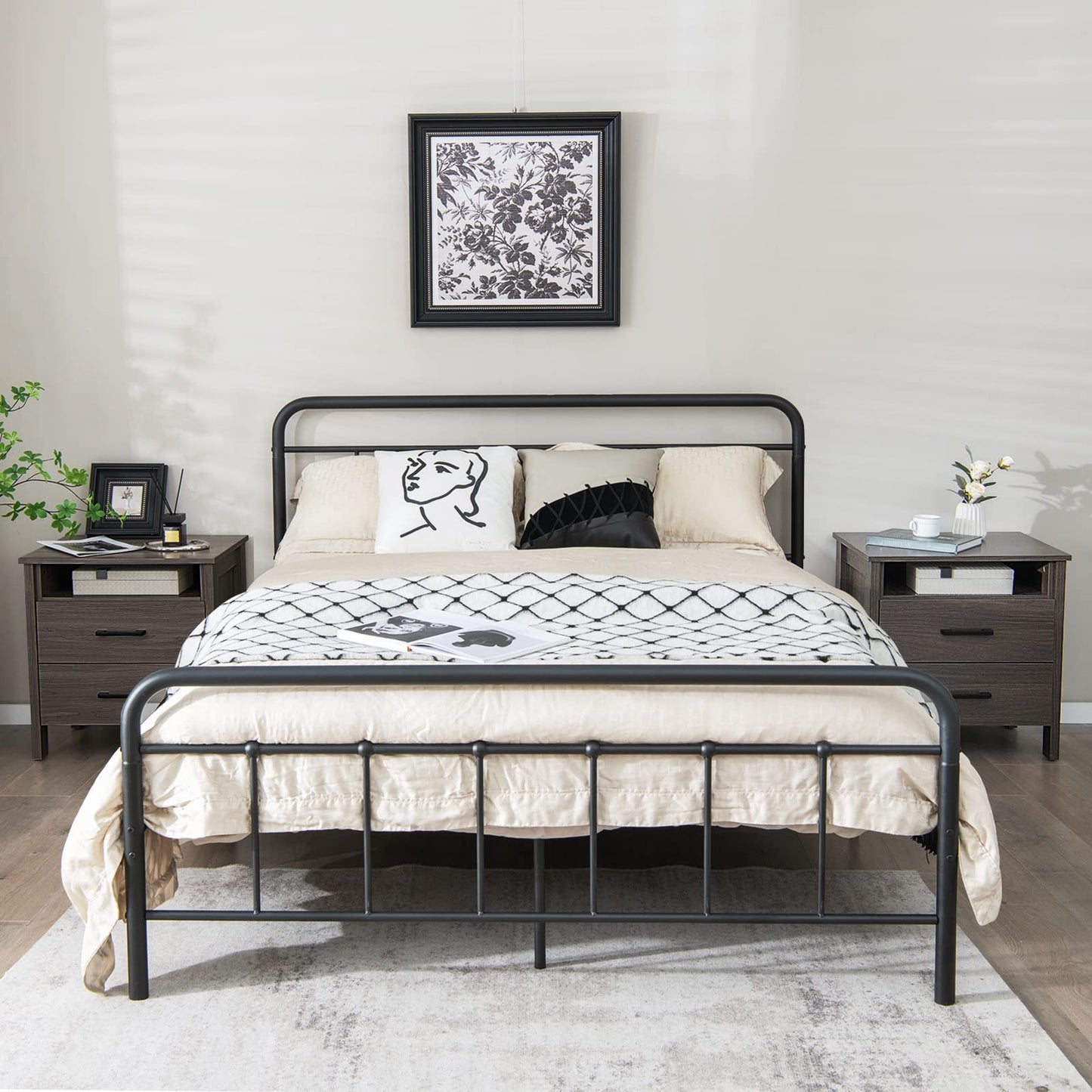 Modern Wooden Nightstand with 2 Drawers and Open Storage Shelf