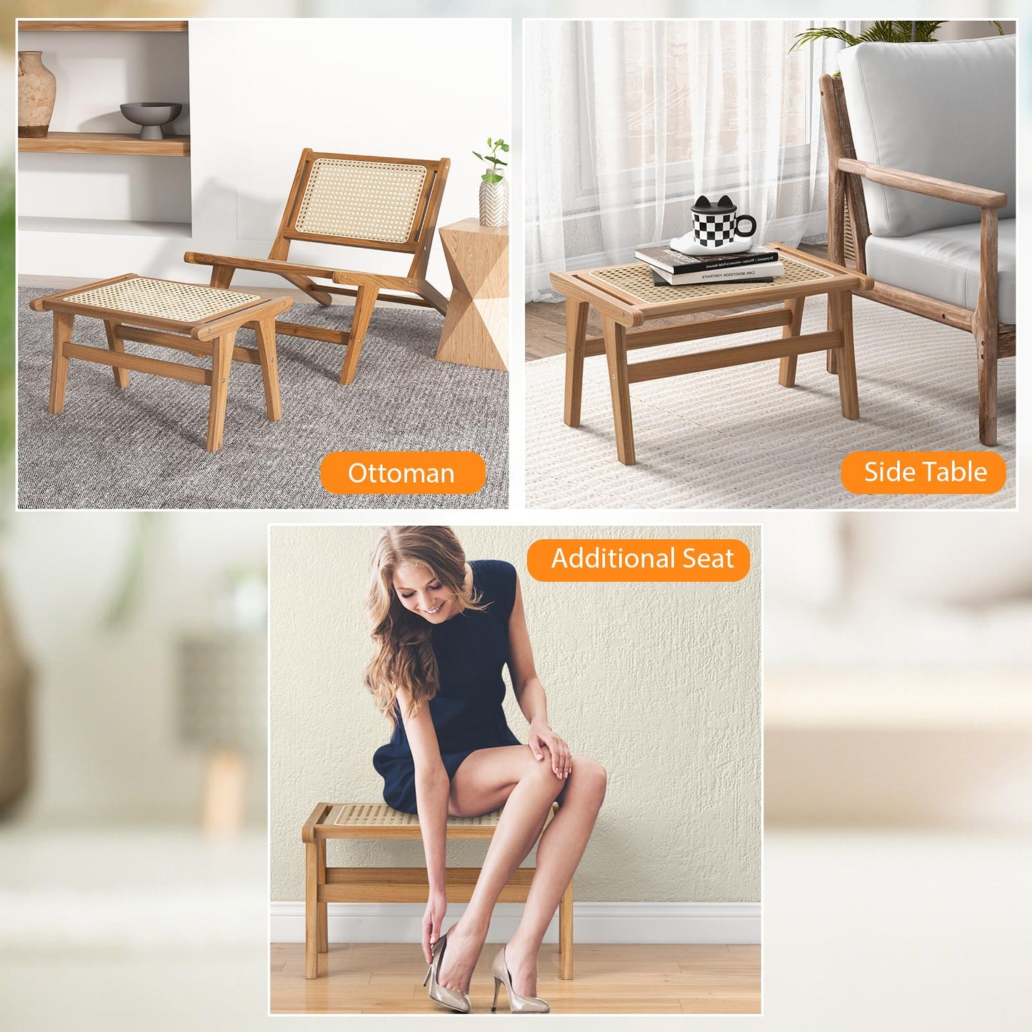 Hand-woven Wicker Footrest Vanity Stool for Living Room
