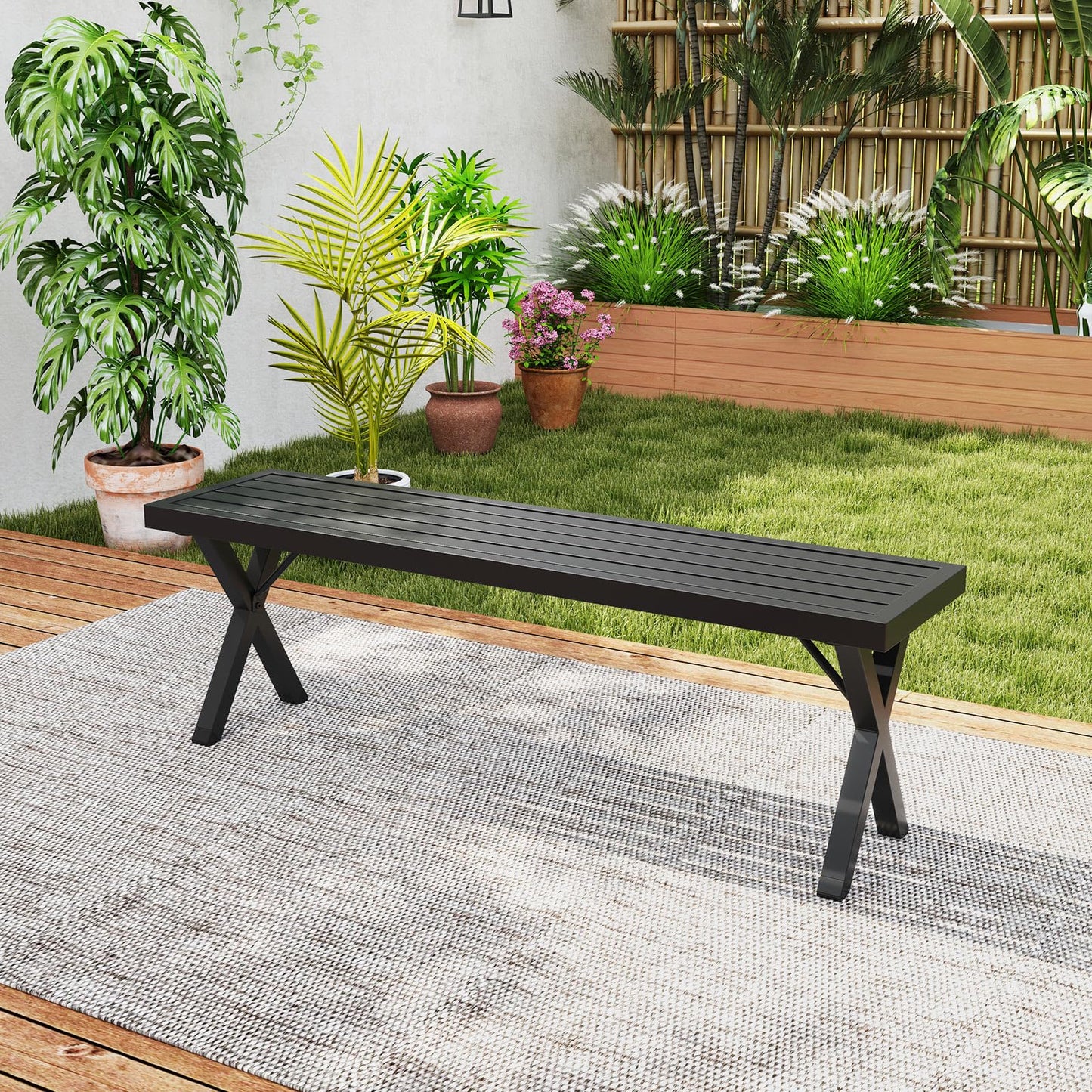 138cm Extra Long Metal Patio Loveseat with Slatted Seat & X Legs