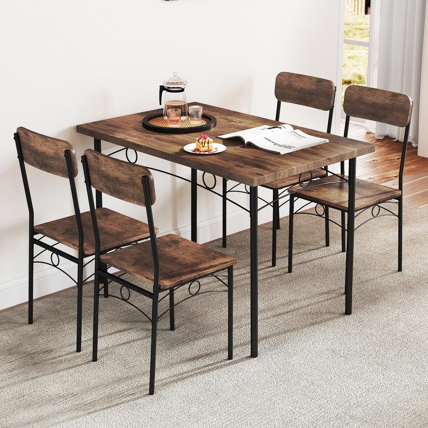5-Piece Dining Table Set Industrial Metal Frame with Rectangular Table