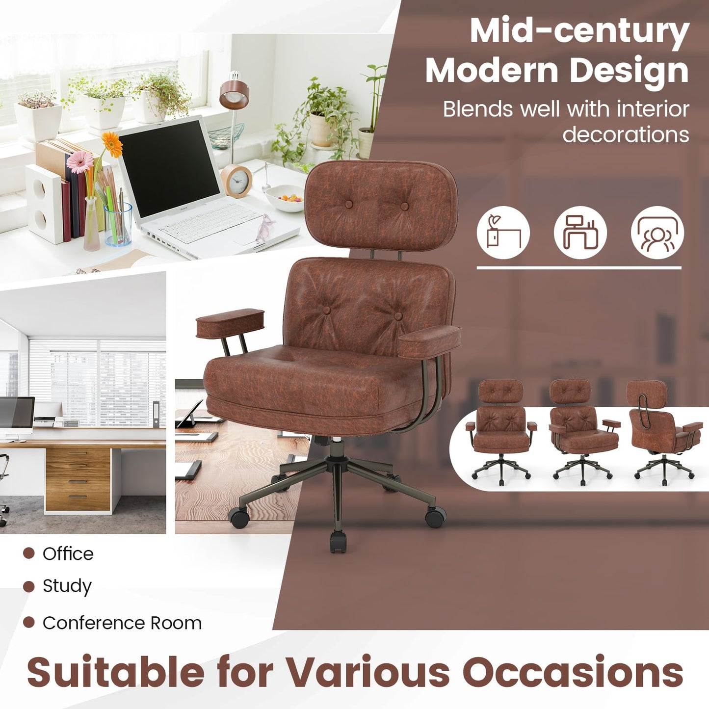 Home Office Chair, Mid Century Modern Suede Fabric Computer Desk Chair