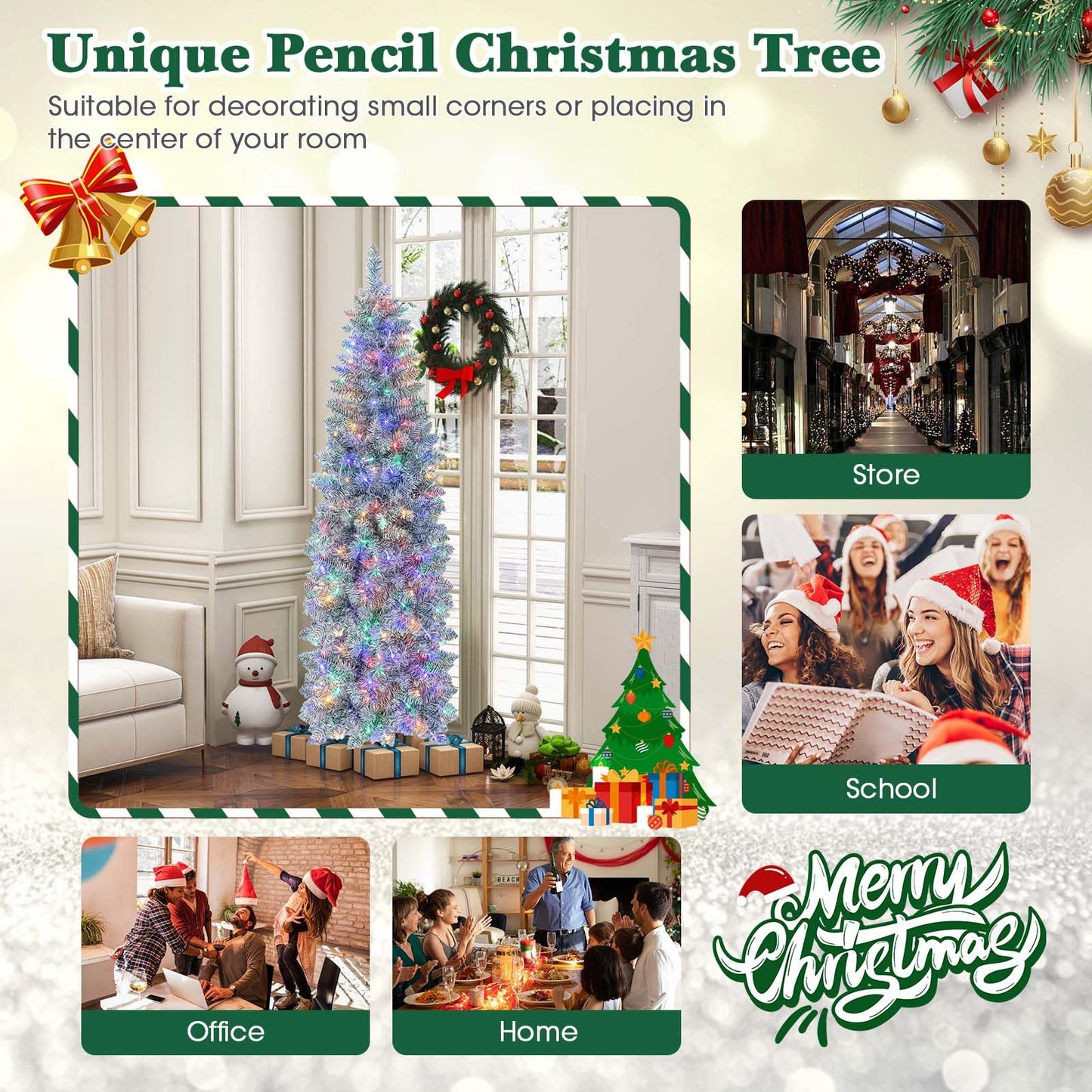 150/180 CM Slim Pencil Christmas Tree with 343/475 Branch Tips and 190/250 Colorful LED Lights