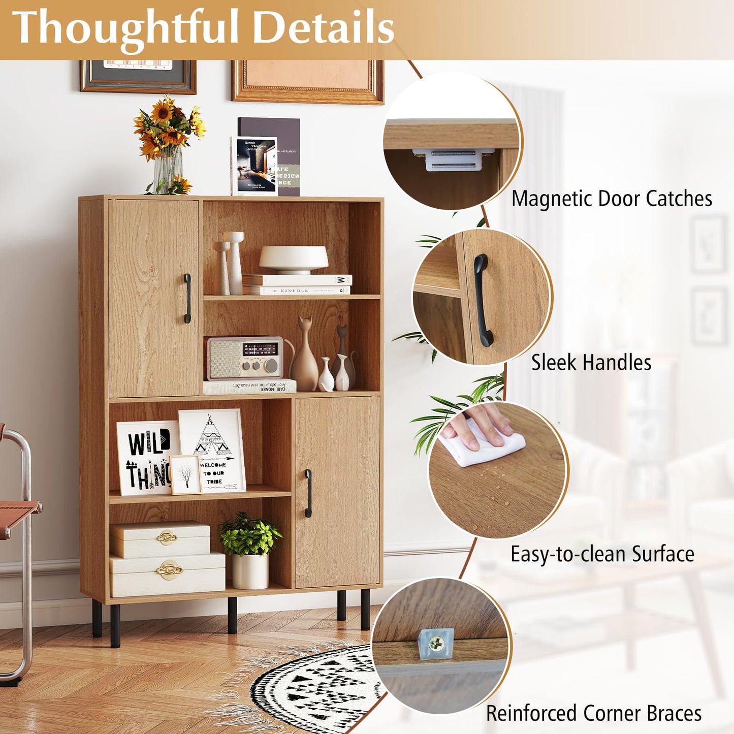 Wooden Bookcase, 4 Cube Storage Cabinet with 2 Doors
