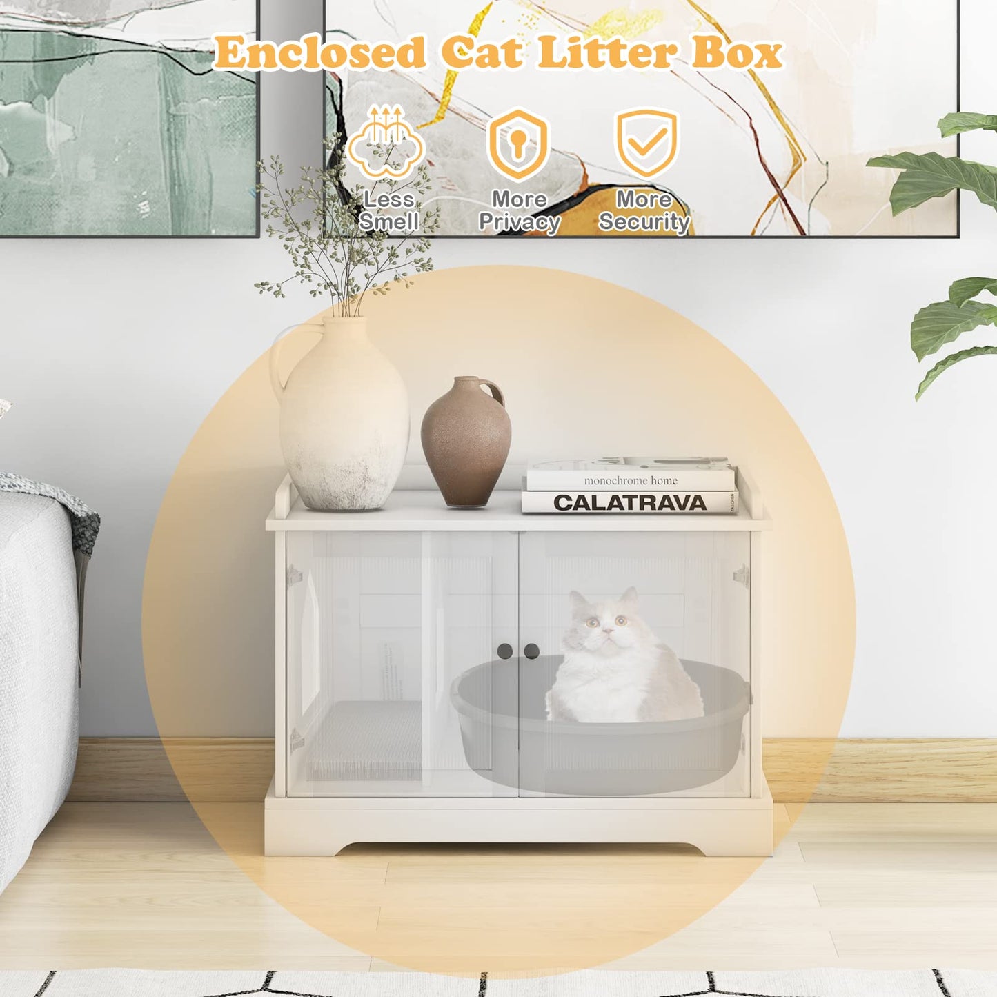 Cat Litter Box Enclosure with Scratching Pad and Adjustable Divider