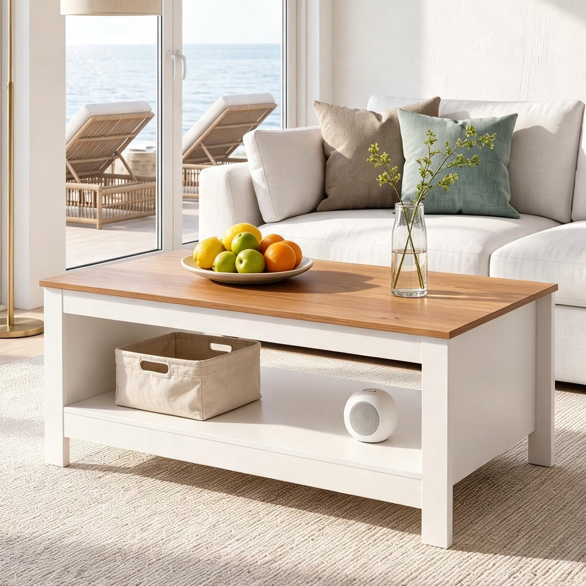 2-Tier Coffee Table with Open Storage Shelf, White+Natural