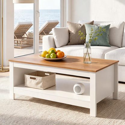 2-Tier Coffee Table with Open Storage Shelf, White+Natural