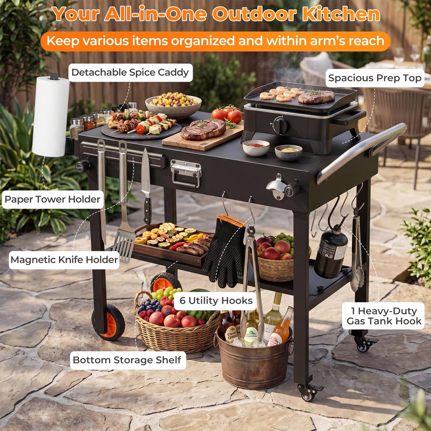 Portable Grill Table, Folding Grill Cart BBQ Prep Table with Heat-Resistant Mat