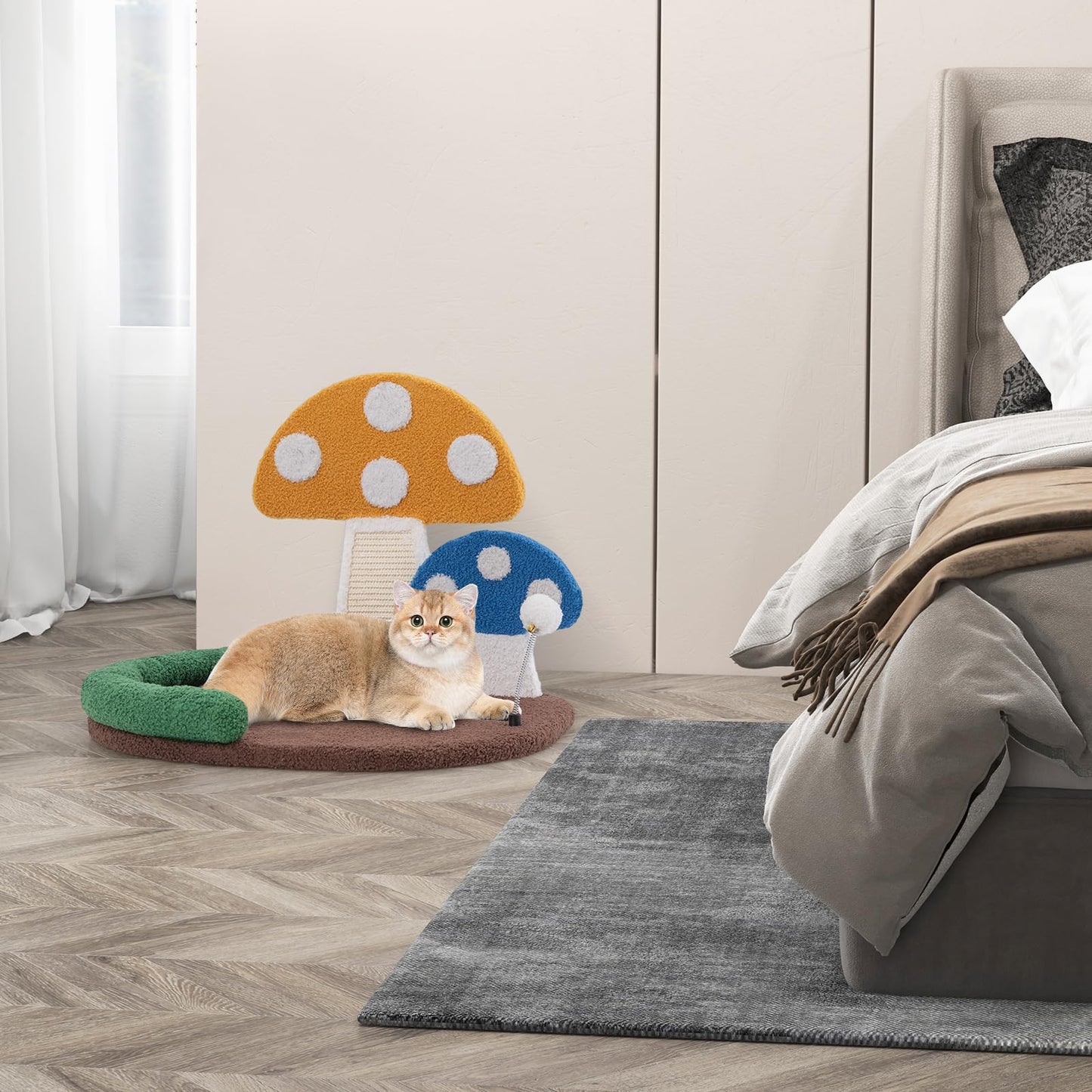 Mushroom Cat Bed with Wide Large Platform and Sisal Scratching Panel