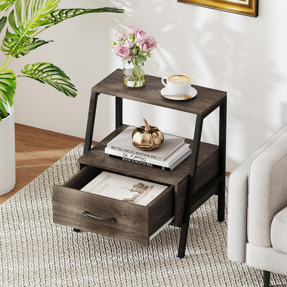 Farmhouse Nightstand End Sofa Side Table with Drawer and Storage Shelf