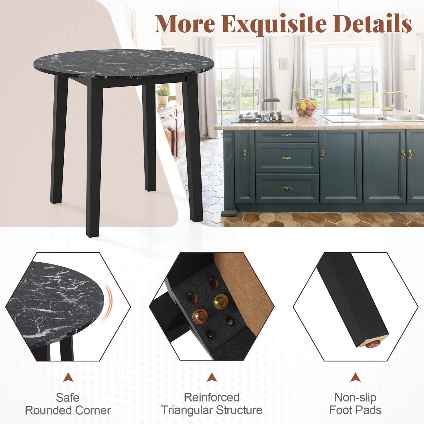 Round Dining Table with Rubber Wood Legs and Marble-textured Veneer Tabletop