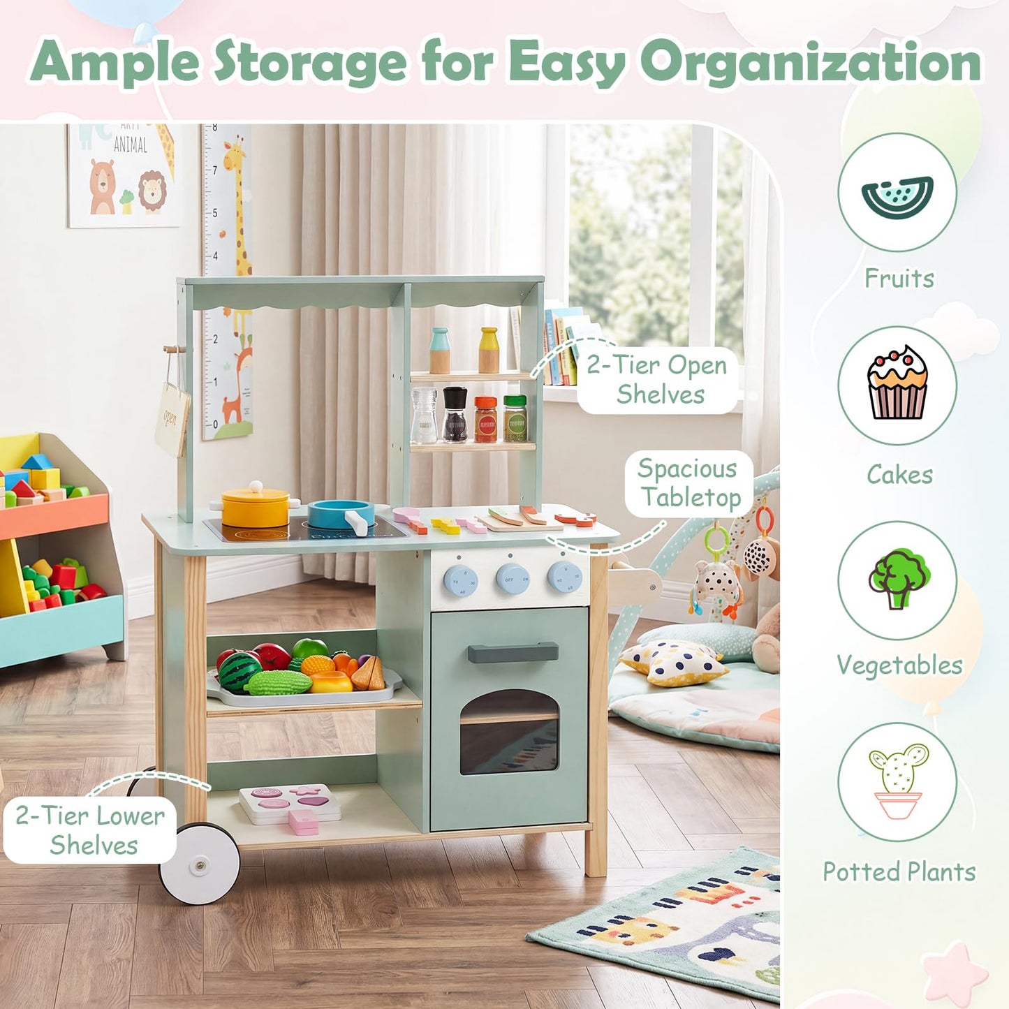 Kids Play Kitchen, Wooden Toy Kitchen with Stoves, Oven, Chalkboard