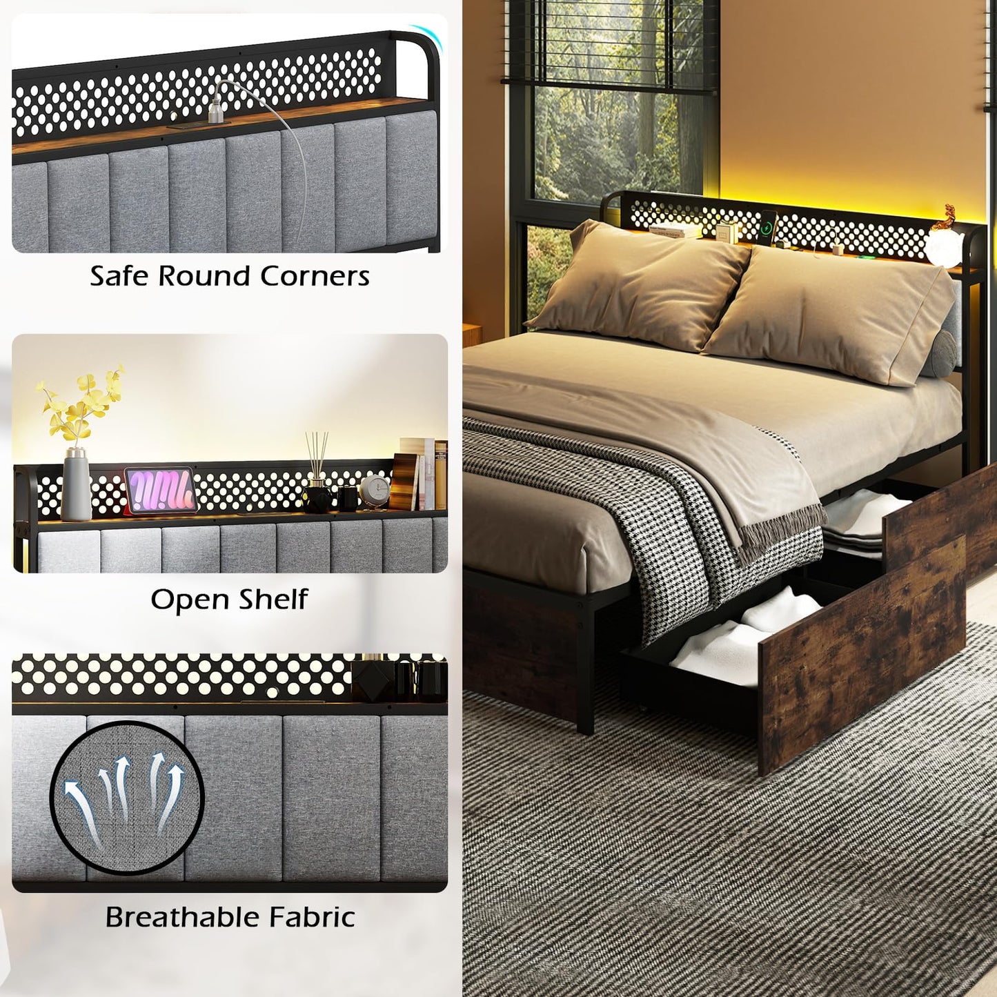 Industrial Metal Platform Bed with LED Lights and USB Power Outlets
