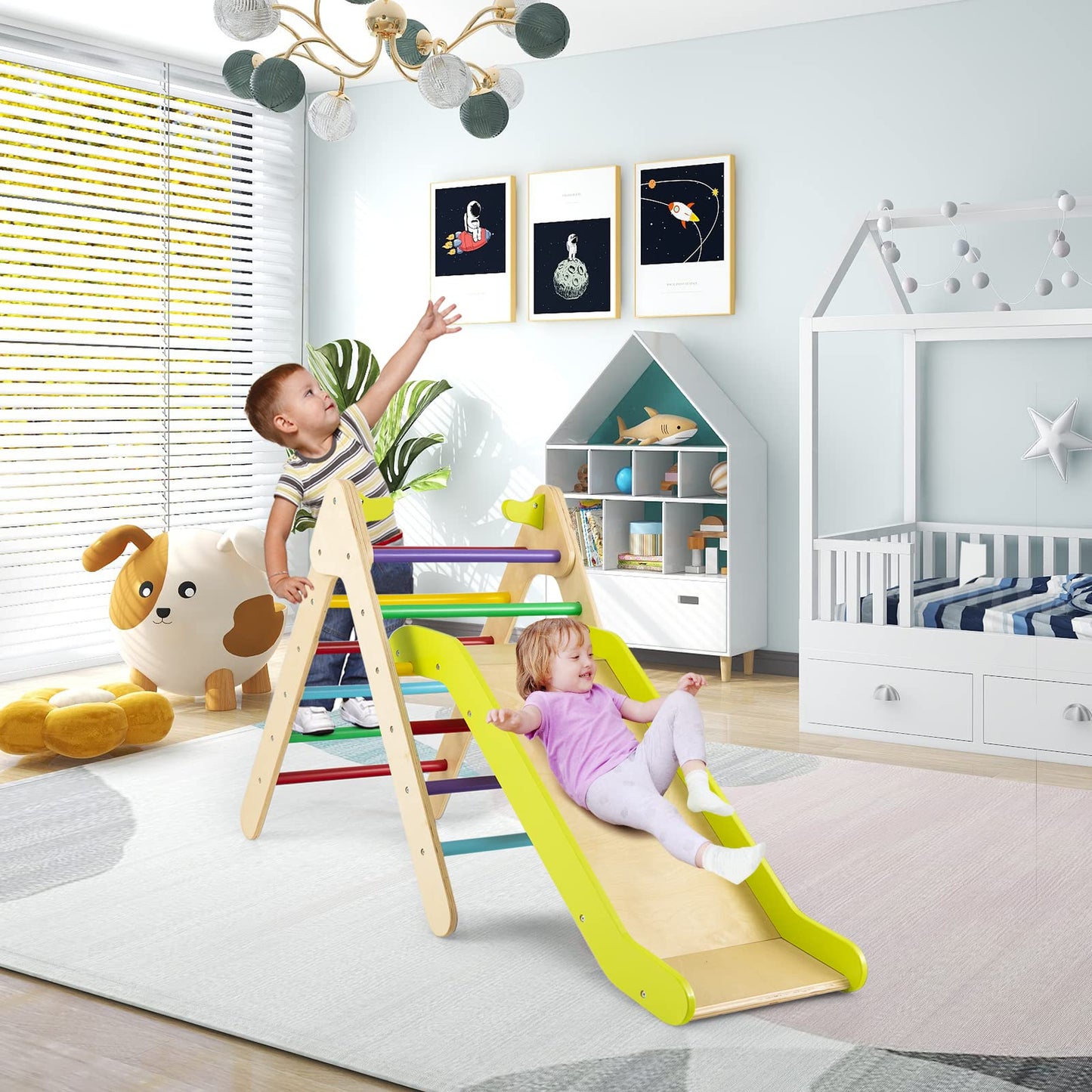 2 in 1 Wooden Triangle Climbing Toy with Gradient Adjustable Slide