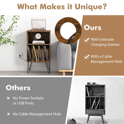 3 Tier Record Player Stand with Charging Station Shelf and 4 Dividers