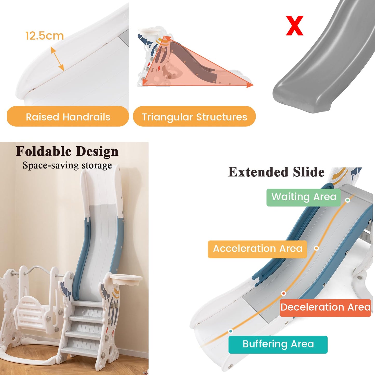 Toddler Slide and Swing Set with Extended Slide, Swing, Basketball Hoop and Climber