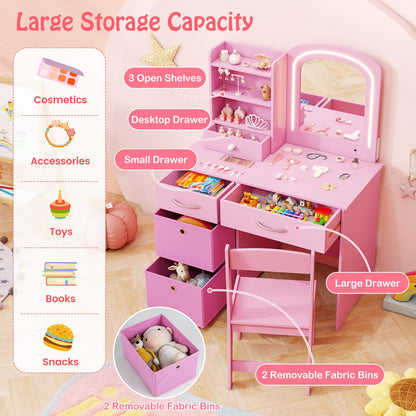 Kids Vanity Set with Lighted Mirror and Storage Drawers