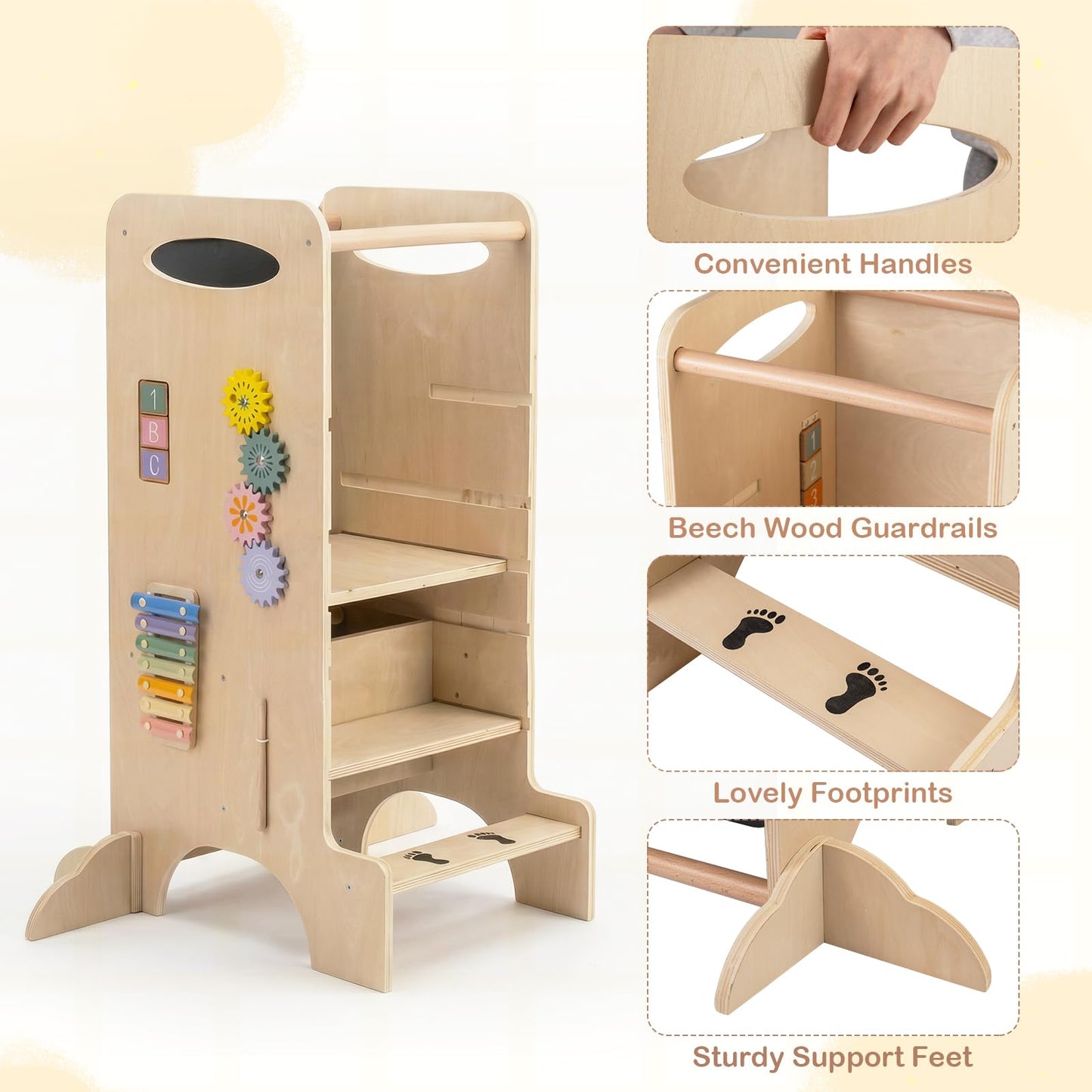 Toddler Step Stool Wooden Kids Standing Tower with Safety Rails