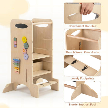 Toddler Step Stool Wooden Kids Standing Tower with Safety Rails