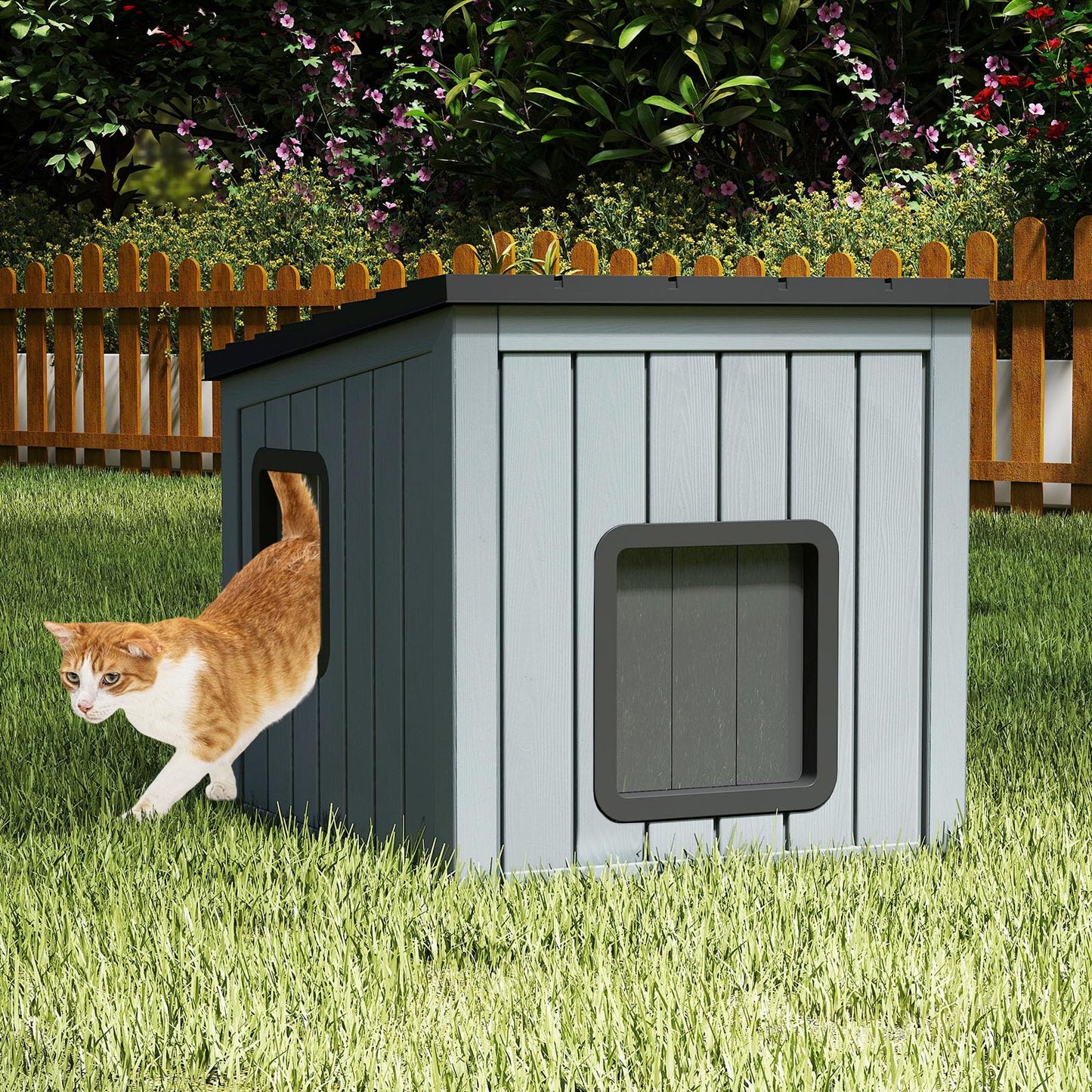 Cat House Pet Kennel with 2 PVC Doors and Sloped Roof