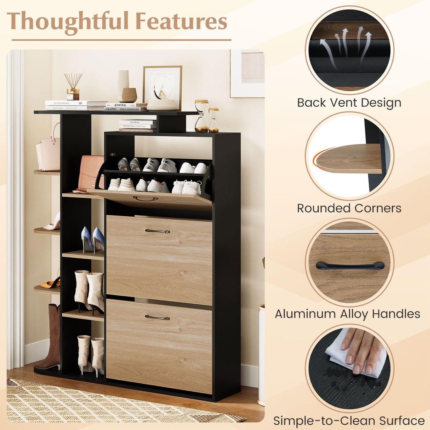 Slim Shoe Cabinet with 3 Flip Drawers, Open Shelves