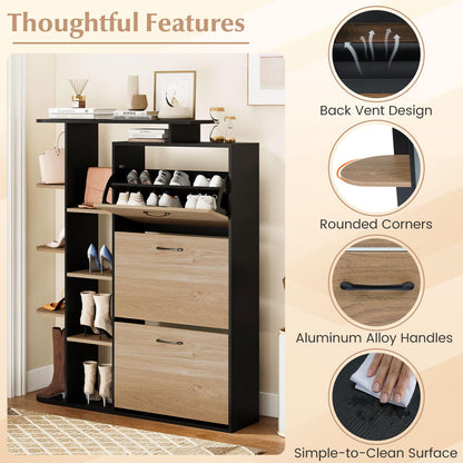 Slim Shoe Cabinet with 3 Flip Drawers, Open Shelves