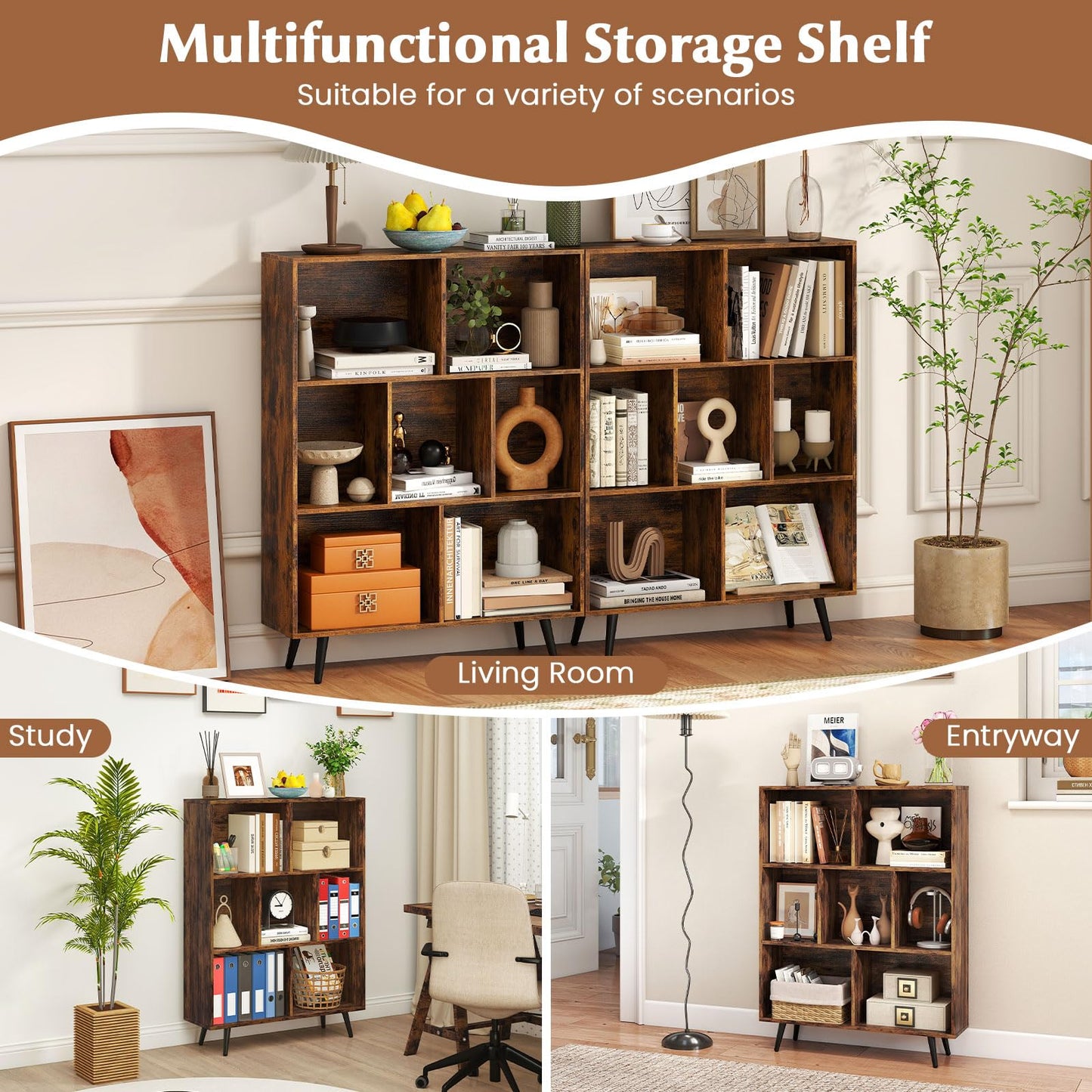 Bookcase 80/100/120/140 CM Storage Organizer with 4/5/5/5 Tapered Metal Legs