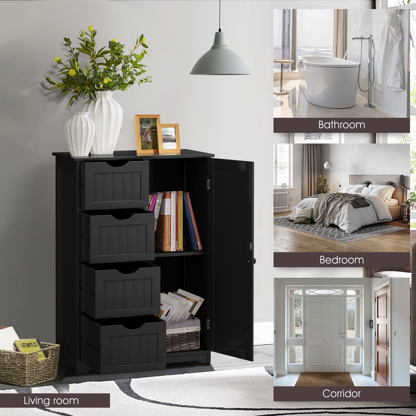 Freestanding Storage Cupboard with Adjustable Shelf and Drawers