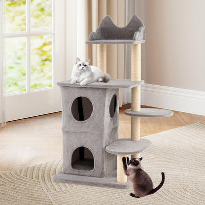 Cat Tree, 123cm Tall Multi-Layer Cats Tower with Plush Perch, 2-story Condo, 3 Hideaway Caves
